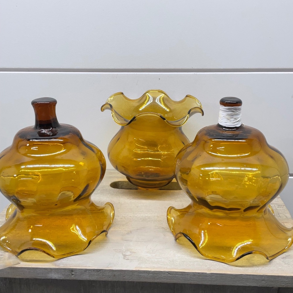 Amber Glass Ruffled Votive Cup Set 3pc Mid Century Modern Peg Base Honey Glow